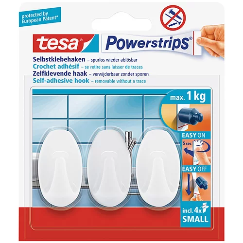 3 Samolepilna kljukica Tesa Powerstrips (ovalna, velikost: S, bela, 3 kosi)