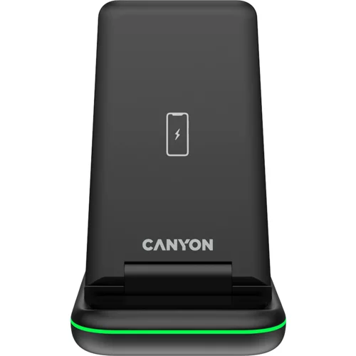 Canyon WS- 304, Foldable  3in1 Wireless charger, with touch button for Running water light, Input 9V/2A,  12V/1.5AOutput 15W/10W/7.5W/5W, Type c to USB-A cable length 1.2m, with QC18W EU plug,132.51*75*28.58mm, 0.168Kg, Black - CNS-WCS304B