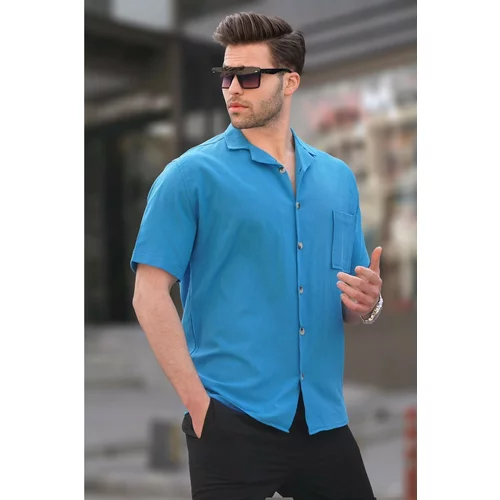 Madmext Blue Basic Short Sleeve Men's Shirt 5598