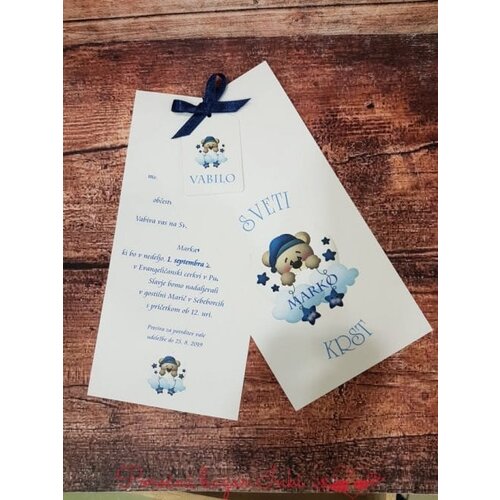  Unikatno Vabilo za krst z medvedkom in majhno pentljico, modro REK103 Cene