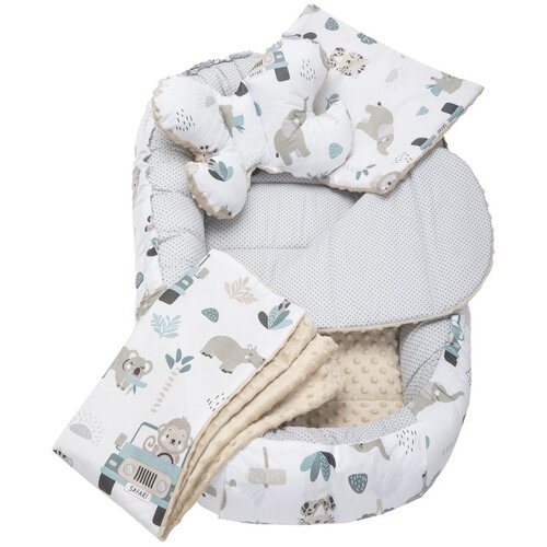 Medi Partners Cocoon in a 5-piece set (cocoon / insert / butterfly pillow / flat pillow / quilt 75x55) – Mint Zoo + beige Minky Slike