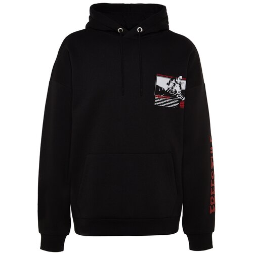 Trendyol Black Men's Oversized Hooded Fluffy Ski Printed Pile Cotton Sweatshirt, with a soft interior. Cene