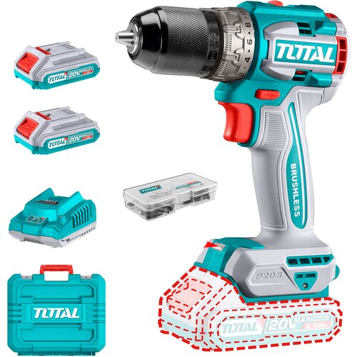 Total Kompaktni brezkrtačni akumulatorski vrtalnik 2000prm/60Nm/P20S/ INDUSTRIAL (SET Baterija 2x2Ah, Polnilec, Kovček) (TDLI20602E) Cene