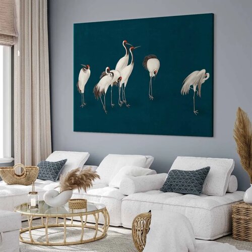  XXL slika - Evening by the pond - a group of cranes drawn in dry pastel on a dark turquoise background 180x120 Slike