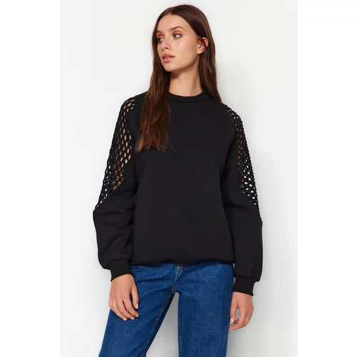 Trendyol Black Mesh Detail Thick Fleece Inside Regular/Normal Knitted Sweatshirt