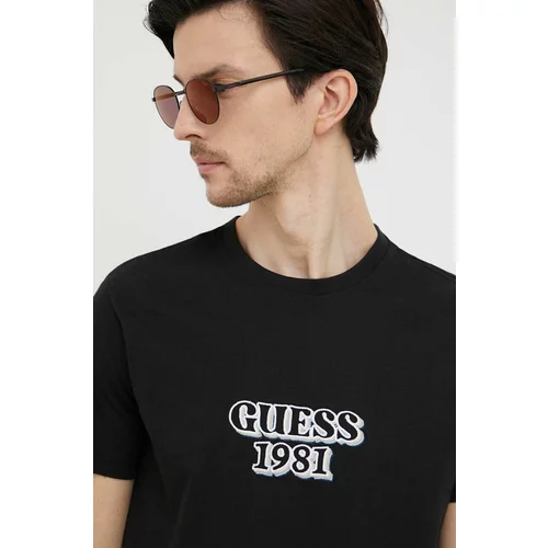 Guess Bombažna kratka majica črna barva