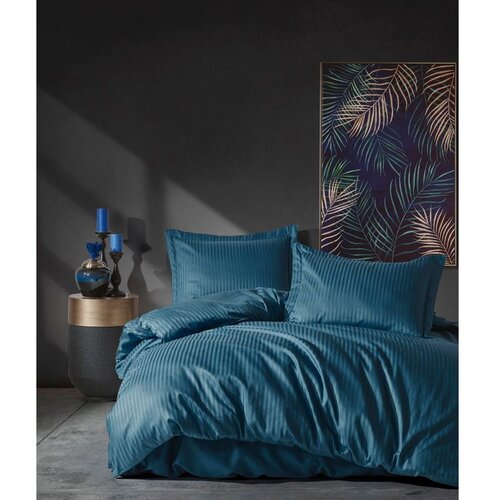 Stripe plavi satenski set posteljine super king Slike