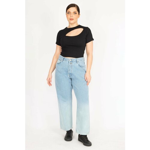 Şans Women's Blue Plus Size Washed Effect Front Button, 5 Pockets Jeans Slike