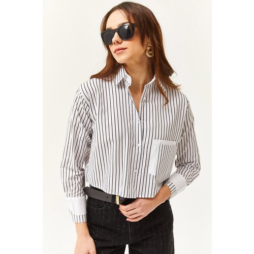 Olalook Women's White Black Pocket and Cuff Detailed Striped Crop Shirt Slike