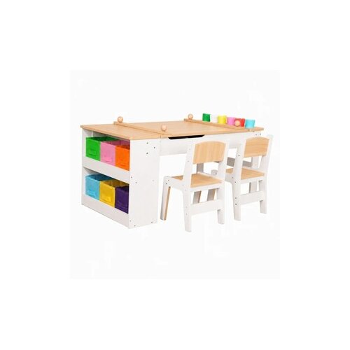  KINDER HOME 3 u 1 dečiji drveni sto sa 2 stolice, tablom za crtanje, organizatorom i rolnom papira W08G516 Slike