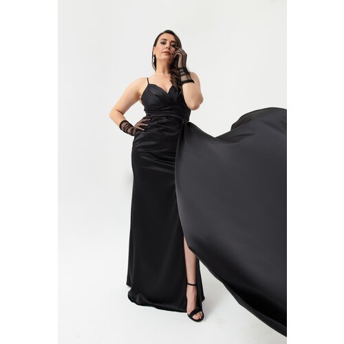 Lafaba Women's Black Plus Size Long Satin Evening Dress & Prom Dress Slike