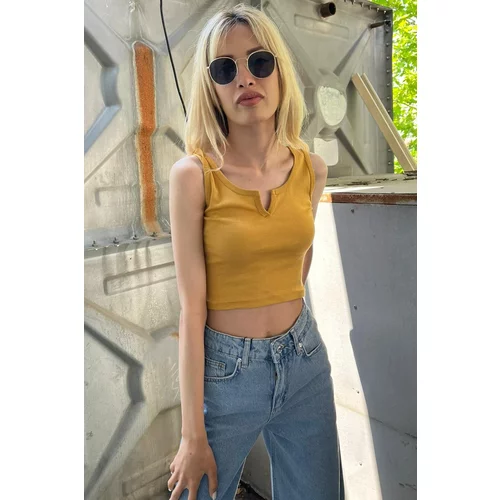 Madmext Mad Girls Front Detail Mustard Crop Top Mg362