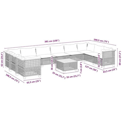 VidaXL 11-dijelni set vrtnih sofa od poliratana s jastucima bež Slike