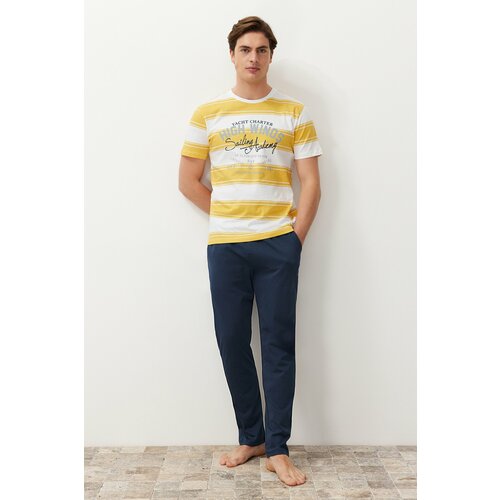 Trendyol Men's Yellow Regular Fit Striped Knitted Pajamas Set Slike