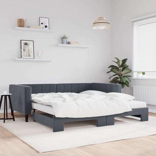 VidaXL Izvlečna dnevna postelja z vzmetnico tem. siva 100x200 cm žamet Slike
