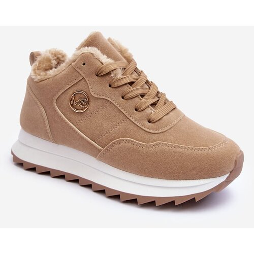 Kesi Ocieplané leather sports shoes on a platform of dark beige adite Slike