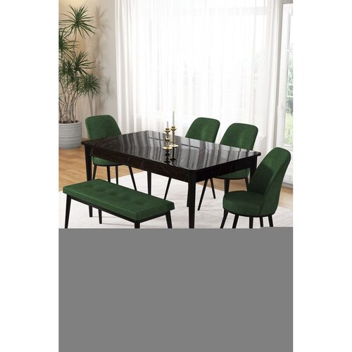 Hanah home trpezarijski set Pir, sto, 4 stolice i klupa, ploča u dekoru crnog mermera, kaki zelena tkanina Babyface Cene