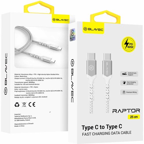 BLAVEC RAPTOR PLETEN KABEL &ndash; TIP C DO TIP C &ndash; PD 60W 3A 25 cm &ndash; bel Cene