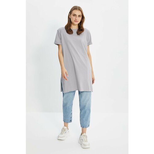 Trendyol Gray 100% Cotton Basic Short Sleeve Slit Single Jersey T-Shirt Cene