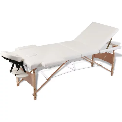 vidaXL Krem bela zložljiva masažna miza s 3 območji in lesenim okvirjem