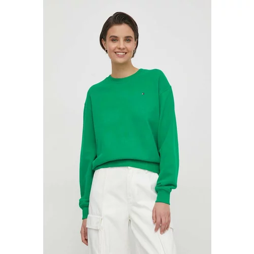 Tommy Hilfiger Bombažen pulover ženska, zelena barva