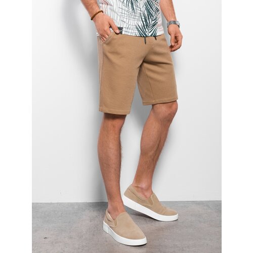 Ombre Men's knitted shorts with decorative elastic waistband - light brown Slike