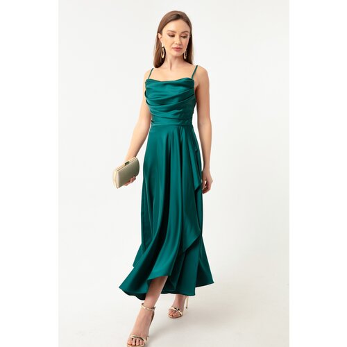 Lafaba Women's Emerald Green Satin Midi Length Evening Dress &; Prom Dress with Ruffles and a Slit. Cene