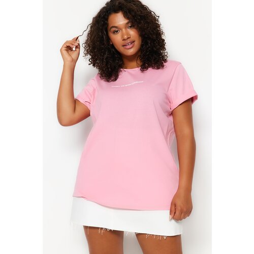 Trendyol Curve Pink Crew Neck Printed Knitted T-Shirt Slike
