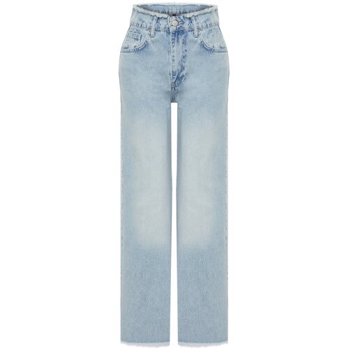 Trendyol Light Blue Stitching Detailed Ripped High Waist Wide Leg Jeans Cene