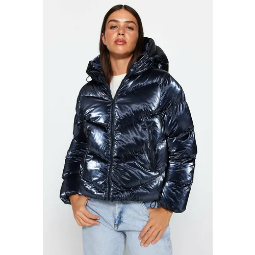 Trendyol Navy Blue Oversized Hooded Shiny Water Repellent Inflatable Coat