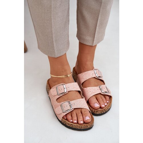 PE1 Fabric Slippers On Cork Sole With Buckles Pink Atera Slike