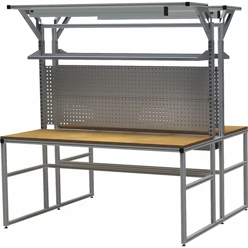 bedrunka hirth Aluminijasta delovna miza s sistemsko nadgradnjo workalu®, dvostranska, 2 polici, 4 perforirane stene, 1 kabelski profil, 2 delovni sve