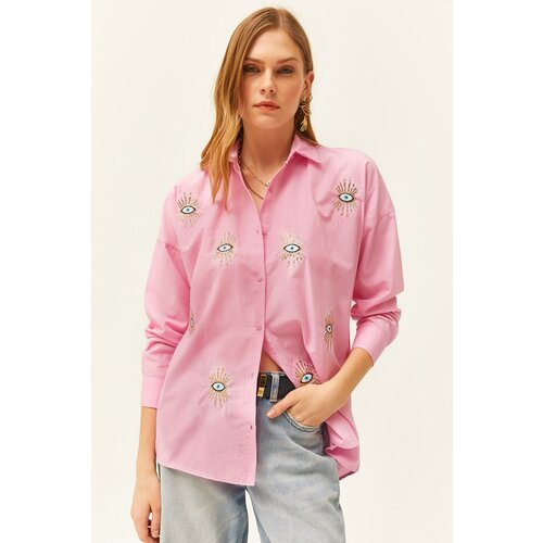 Olalook Women's Candy Pink Sequin Detailed Woven Boyfriend Shirt Slike
