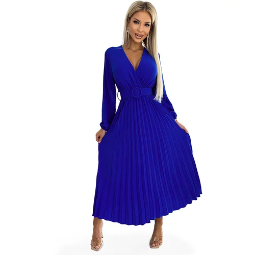 NUMOCO Pleated midi dress with a neckline, long sleeves and a wide belt