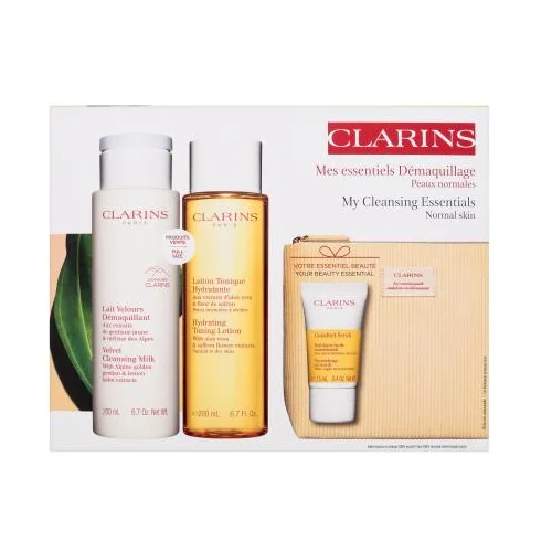 Clarins My Cleansing Essentials Normal Skin Set Baršunasto mlijeko za čišćenje 200 ml + hidratantni tonirajući losion 200 ml + hranjivi uljni piling 15 ml + organska kozmetička torbica za ženske