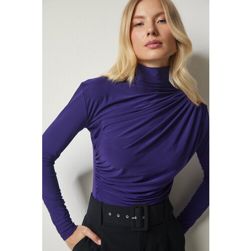  Women's Purple Shirred Detail Standing Collar Sandy Blouse Cene