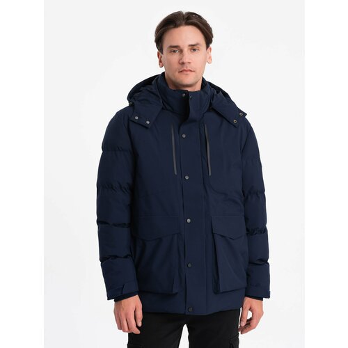 Ombre Men's winter jacket with detachable hood and cargo pockets - navy blue Cene