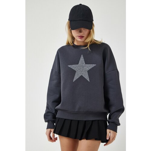 Happiness İstanbul Women's Anthracite Star Embroidered Raised Knitted Sweatshirt Slike