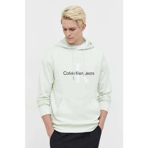 Calvin Klein Jeans Pamučna dukserica za muškarce, boja: zelena, s kapuljačom, s tiskom