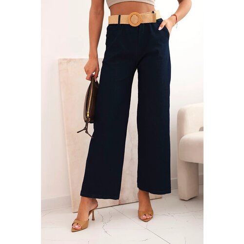 Kesi Włoski Women's cotton trousers with wide legs and a belt dark denim Cijene