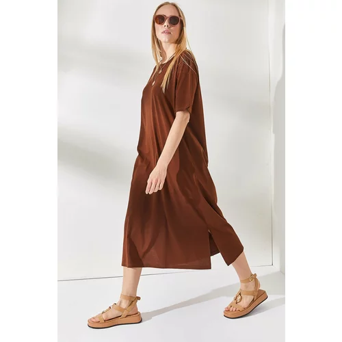 Olalook Women's Bitter Brown Side Slit Oversize Cotton Dress