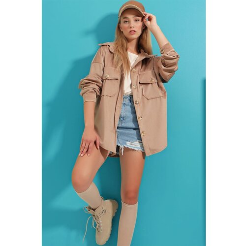 Trend Alaçatı Stili Women's Stone Velvet Cotton Double Pocket Oversize Jacket Shirt Cene