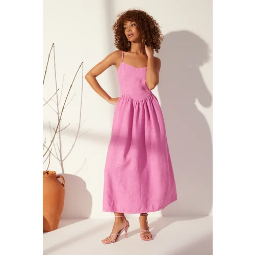 Trendyol Pink 100% Linen Strappy Maxi Dress