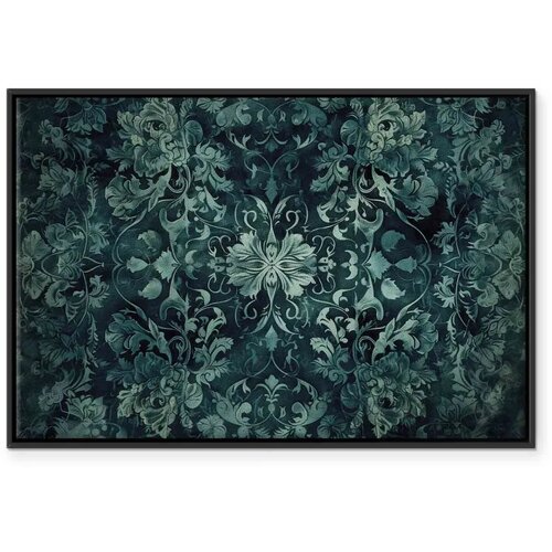  Slika - Oriental Pattern Carpet: Emerald Ornaments and Worn Patterns 60x40 U crnom drvenom okviru Slike
