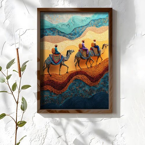 Wallxpert uramljena MDF slika NAL097-46, karavan kamila na šarenim slojevima peska u tirkiznim i oker tonovima, 35,5 x 47 cm Cene