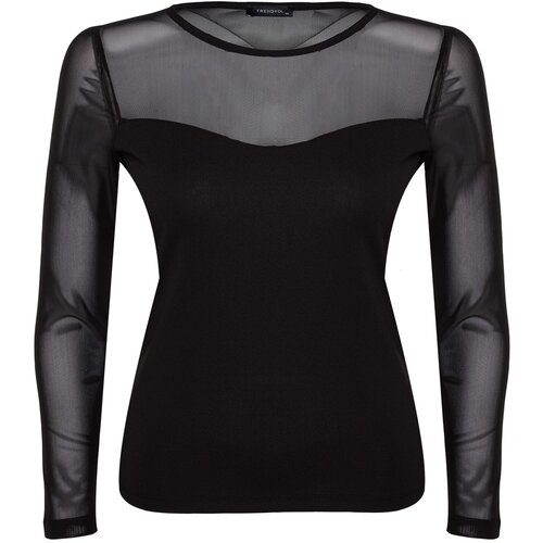 Trendyol Curve Black Sweetheart Neck Tulle Detailed Knitted Blouse Cene