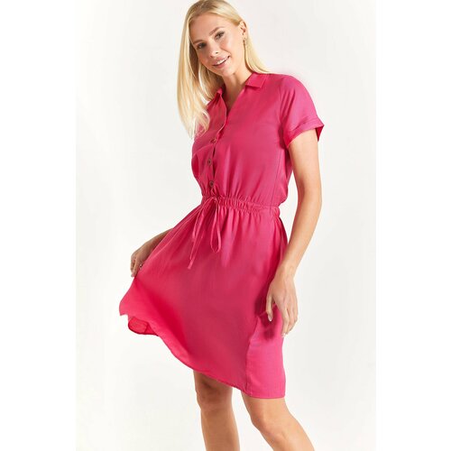 armonika Women's Fuchsia Elastic Waist Short Sleeve Shirt Dress. Cene