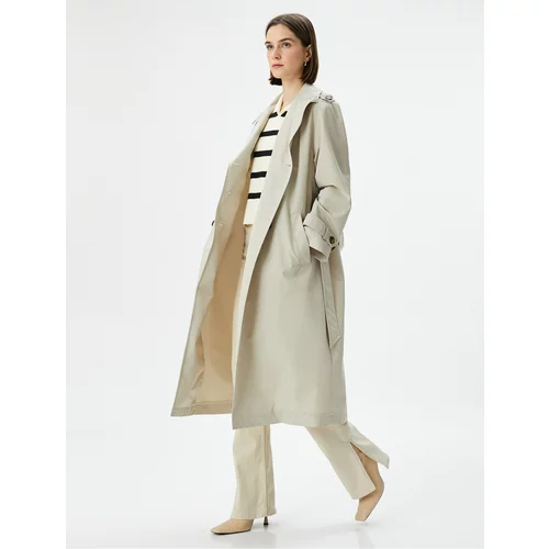 Koton Trench Coat Midi Length Double Breasted Collar Buttoned Pocket Belted