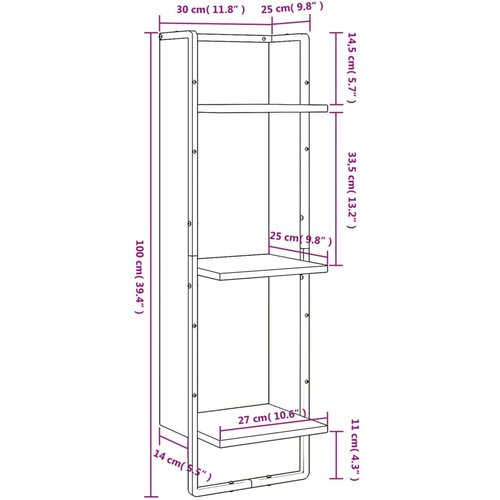  Zidna polica s 3 razine smeđa boja hrasta 30x25x100 cm drvena Slike