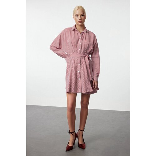 Trendyol Burgundy Striped Belted Mini Woven Shirt Dress Cene
